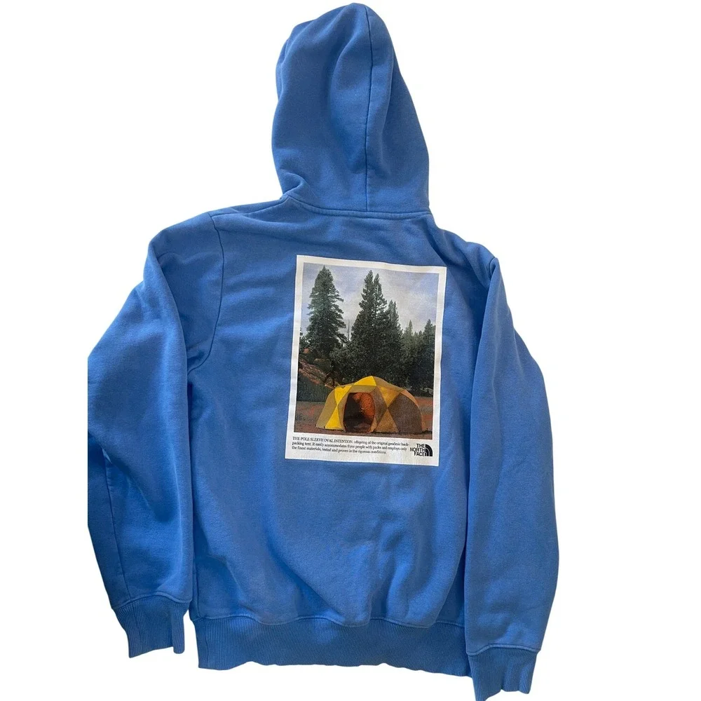 The North‎ Face Mens Blue Graphic Hoodie Camping Tent Pullover Sweatshirt Medium